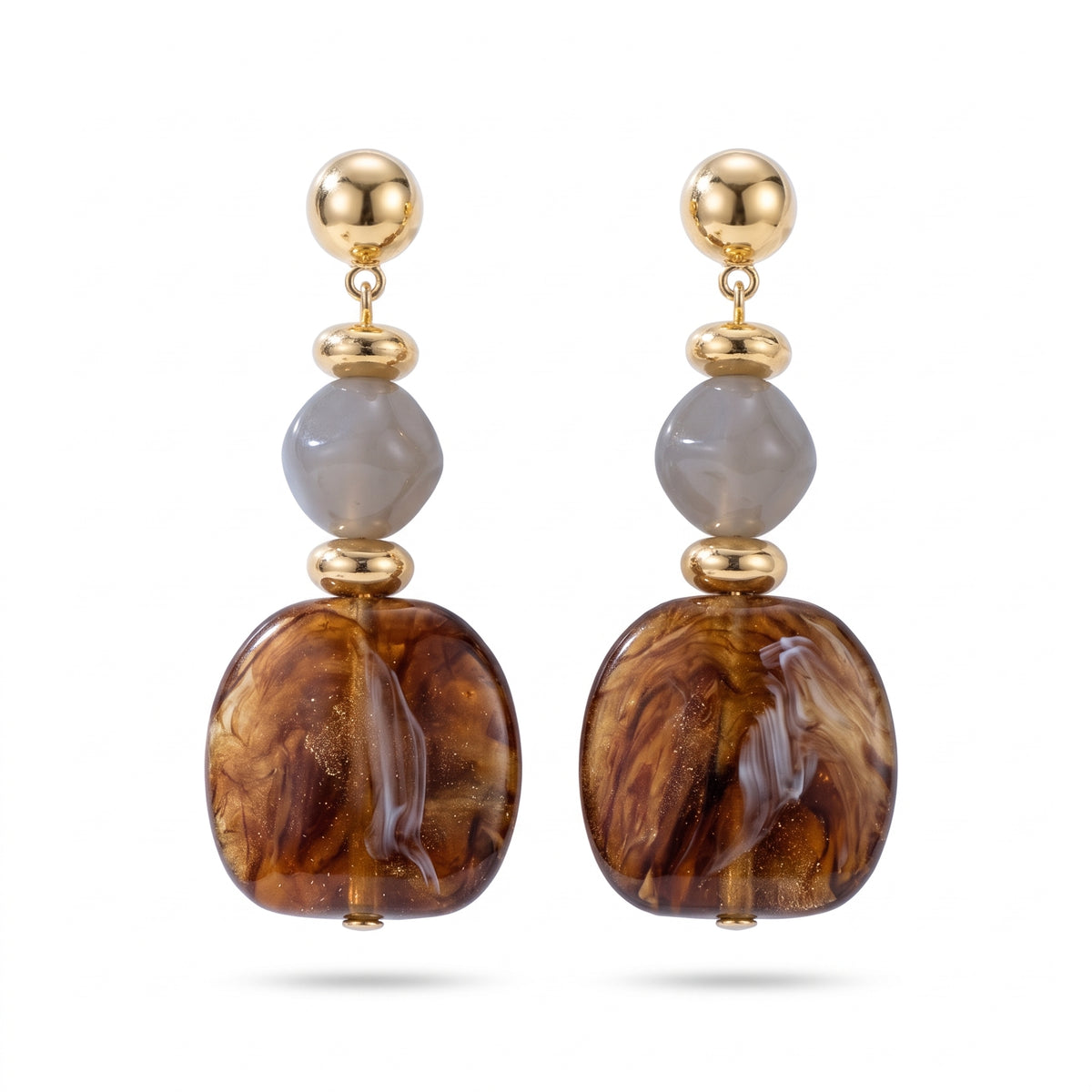 Lelice Amara Brown Marbled Acrylic Statement Drop Earrings in gold on a white background