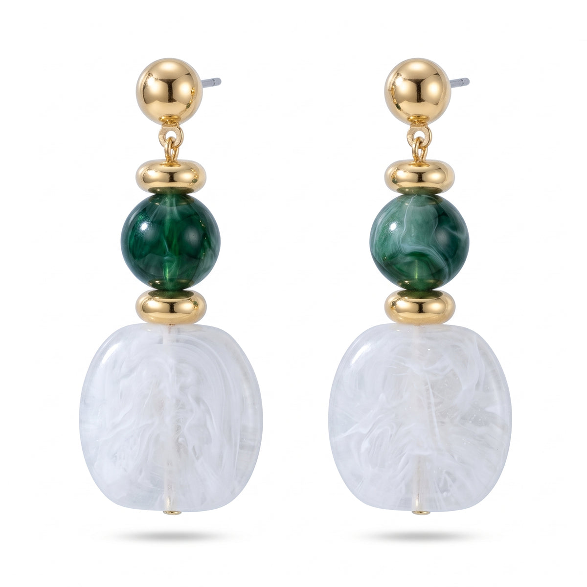 Lelice Amara White Marbled Acrylic Statement Drop Earrings in gold on a white background