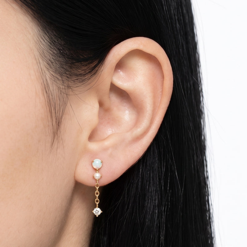 Close-up of the Lelice Andromeda Drop Earrings in gold on the ear