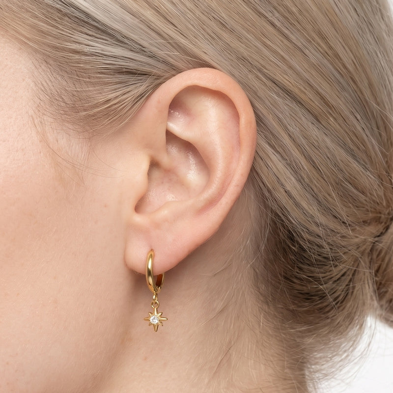 Close-up of the Lelice Astra Sunburst Huggies in gold on the ear