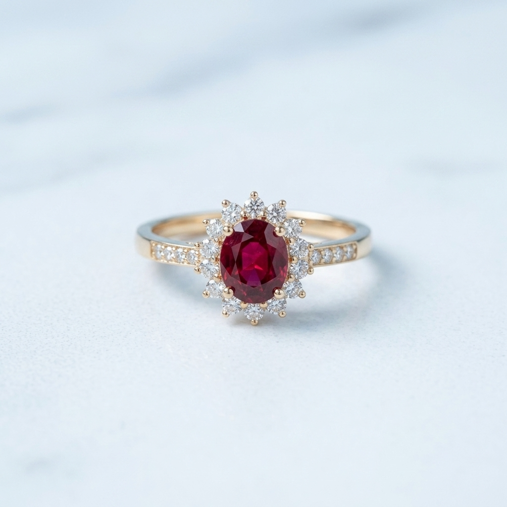 Clarisse Gold Oval Ruby Halo Statement Ring