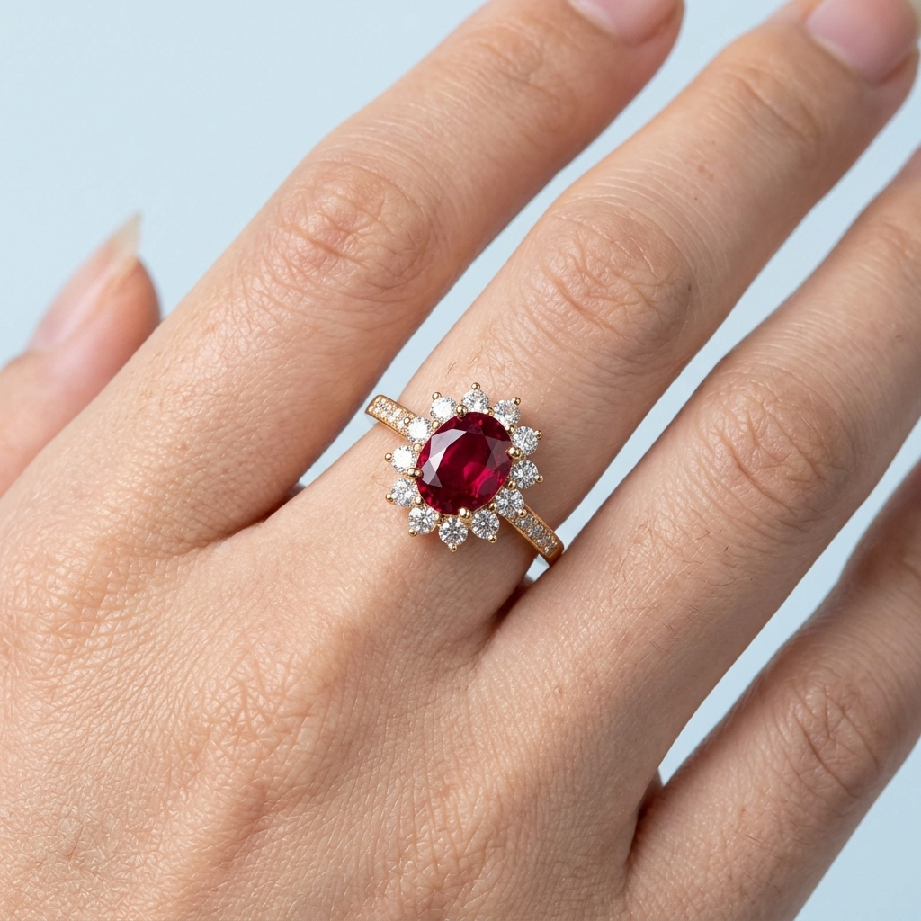 Clarisse Gold Oval Ruby Halo Statement Ring
