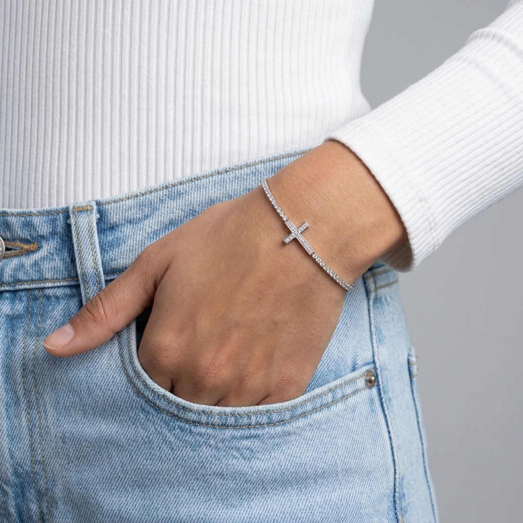 Agnès Silver Sideways Cross Bracelet