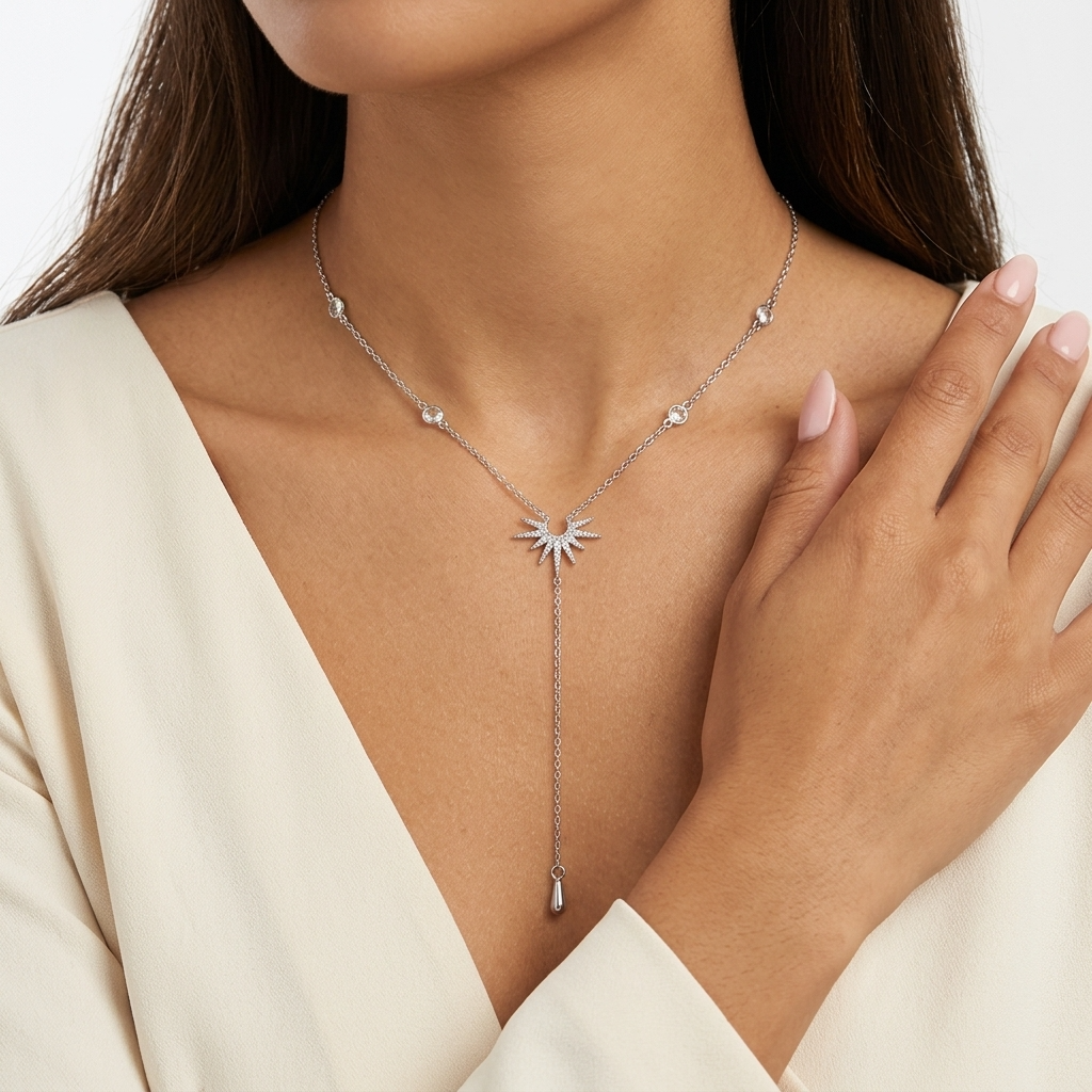 Sunburst Lariat Silver Necklace