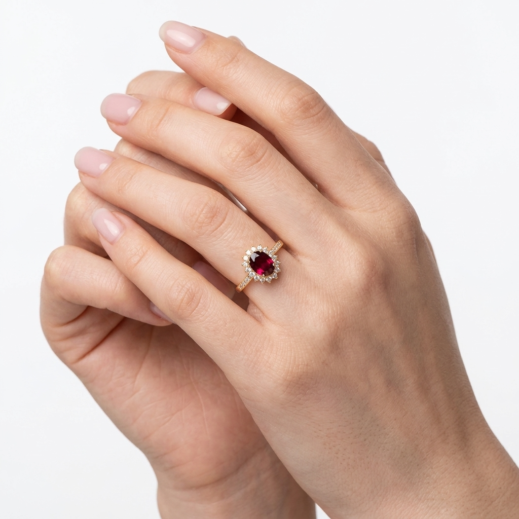 Clarisse Gold Oval Ruby Halo Statement Ring