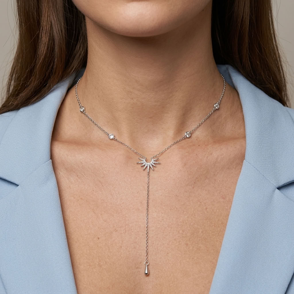 Sunburst Lariat Silver Necklace