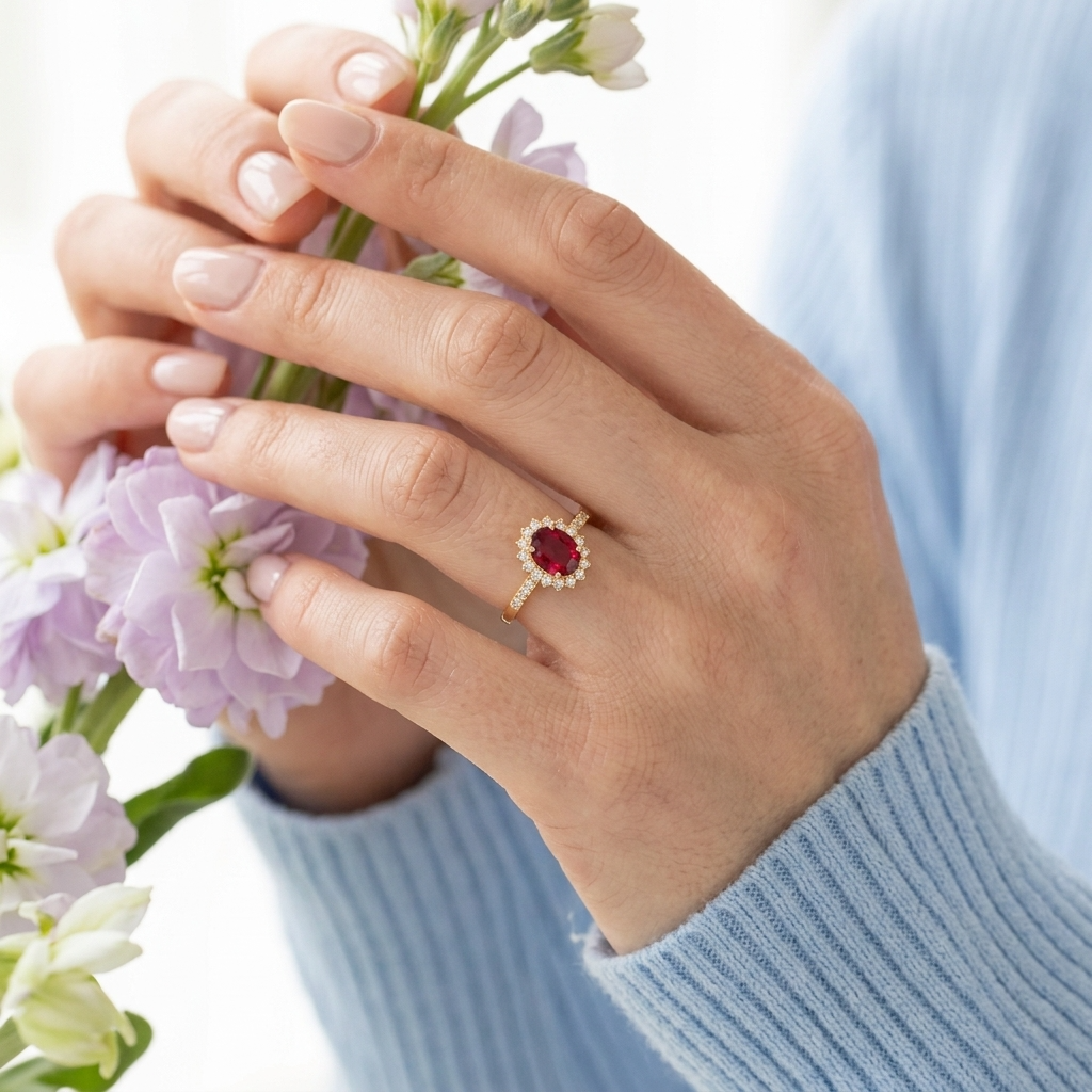 Clarisse Gold Oval Ruby Halo Statement Ring