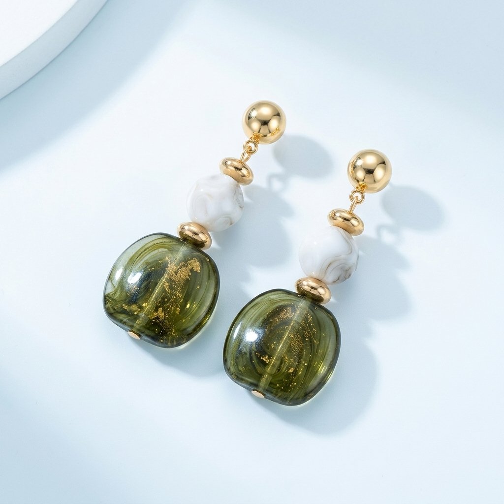 Amara Green Marbled Acrylic Statement Drop Earrings