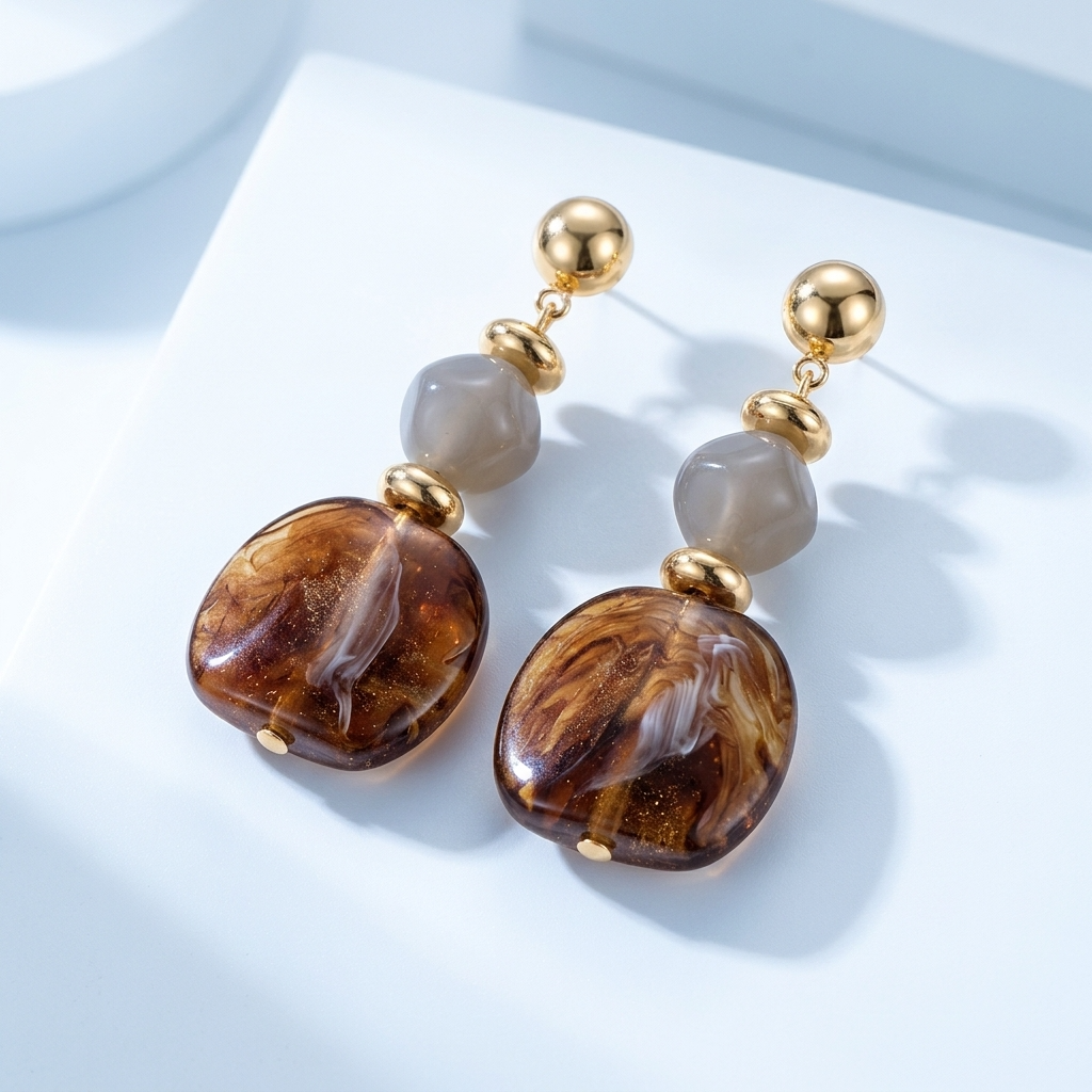 Amara Brown Marbled Acrylic Statement Drop Earrings