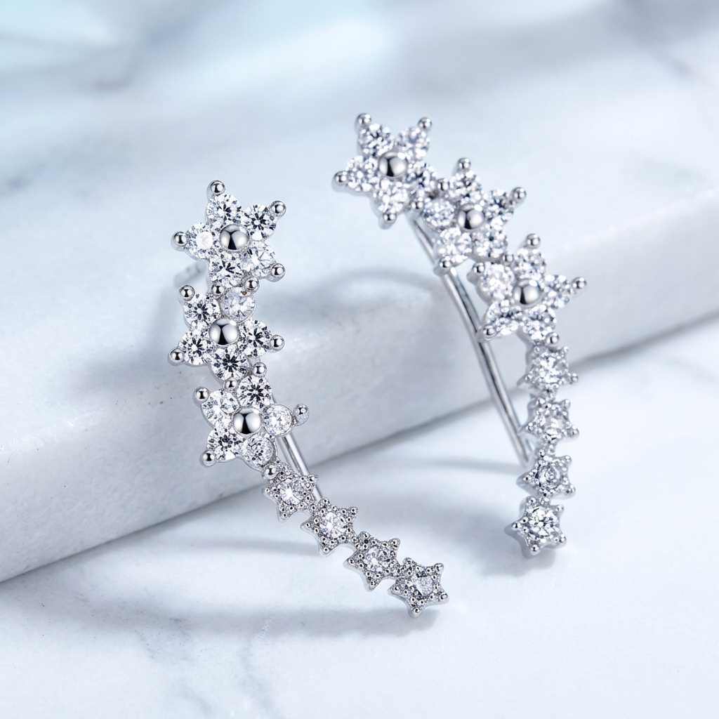 Stella Silver Flower and Star Crystal Ear Climbers