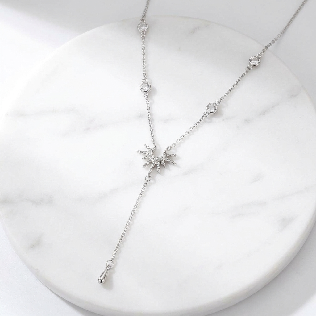 Sunburst Lariat Silver Necklace