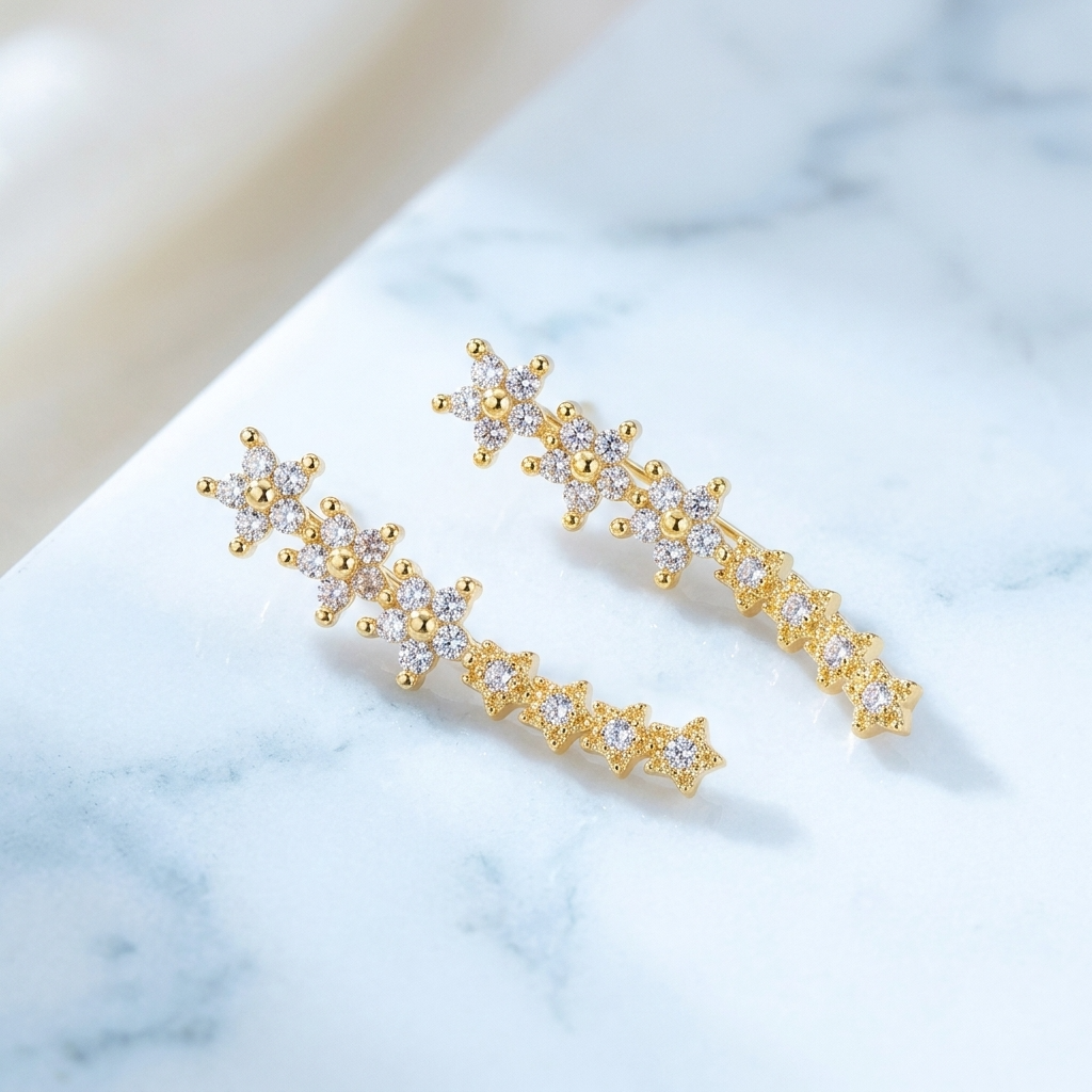 Stella Gold Flower and Star Crystal Ear Climbers