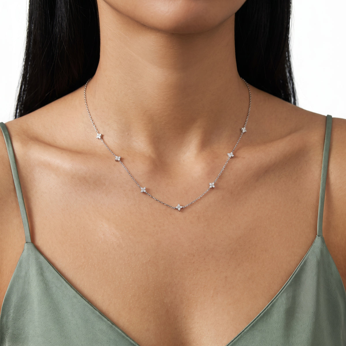 Close-up of the Lelice Esther Sparkle Necklace in silver at the collarbone