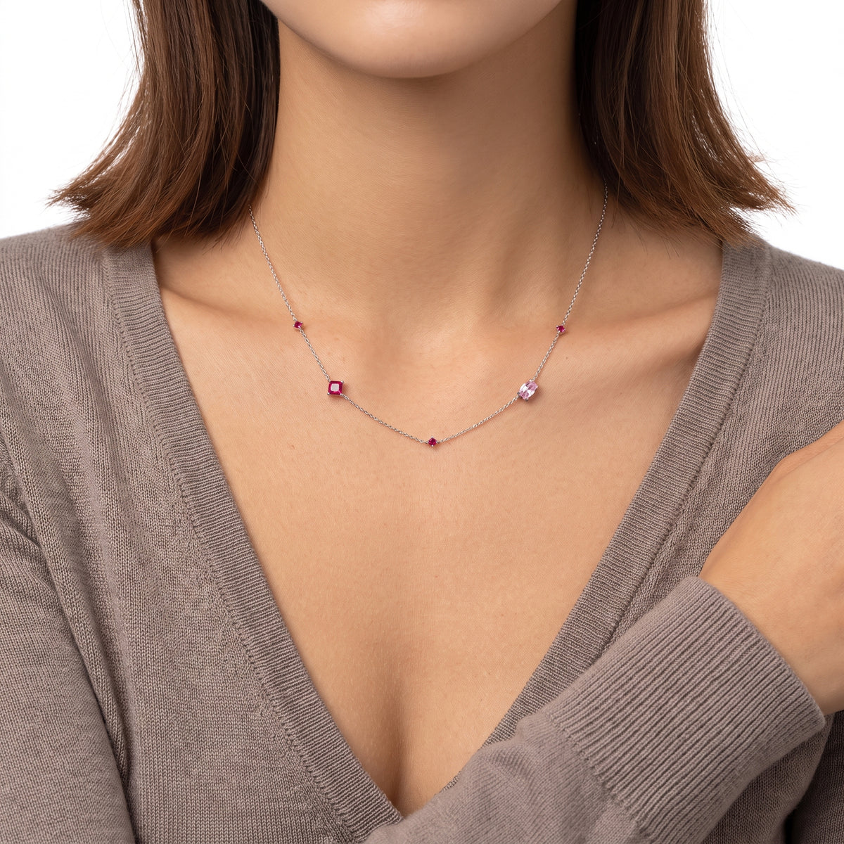Close-up of the Lelice Geneva Zircon Necklace in silver at the collarbone