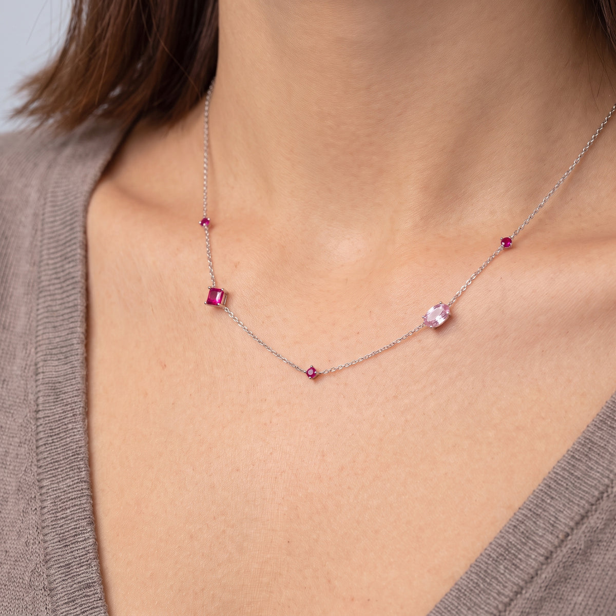 Close-up of the Geneva Zircon Necklace resting on the skin