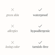 Waterproof, hypoallergenic and tarnish-free jewelry care icons