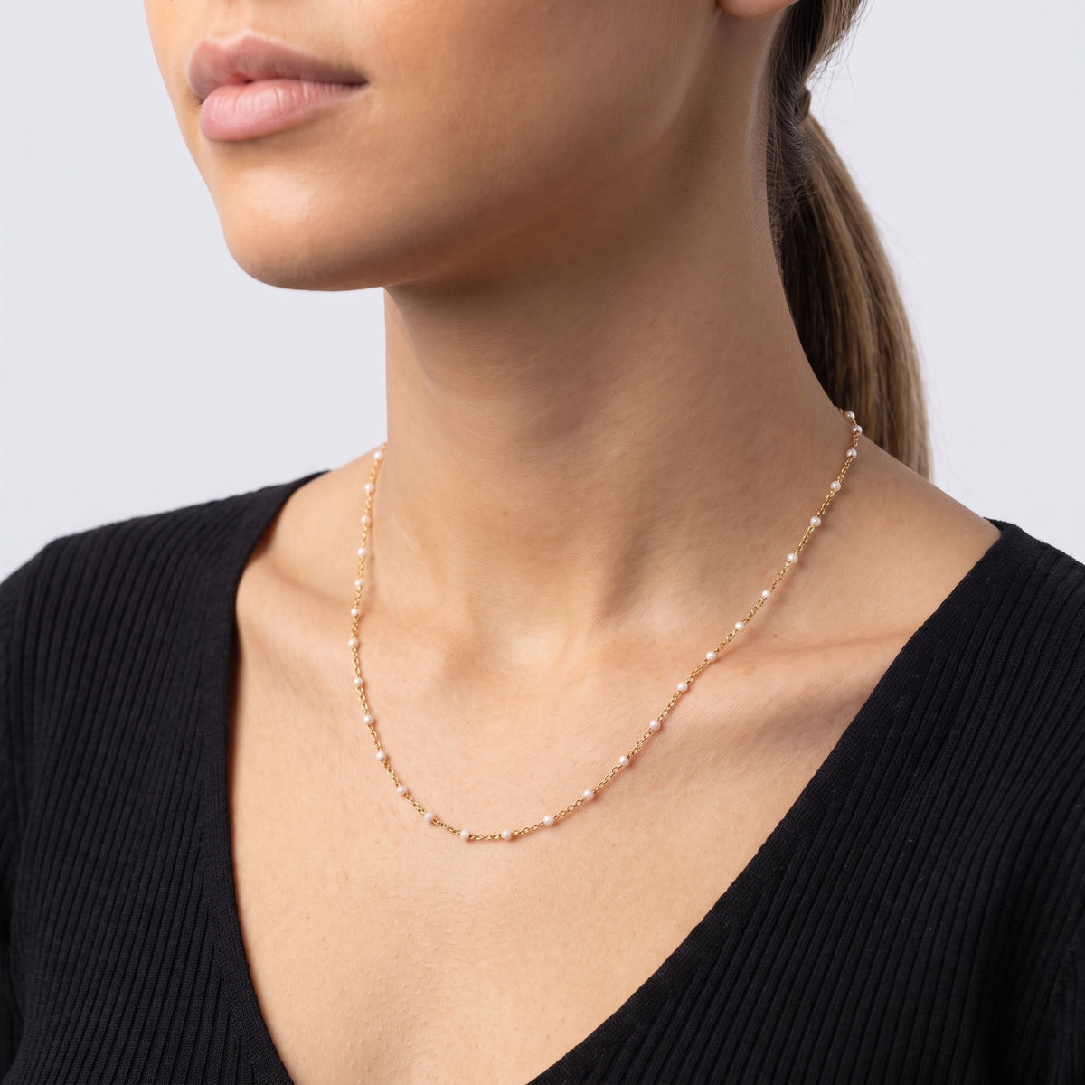 Side profile of the neckline with the Ibiza Beaded Choker