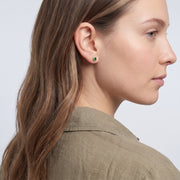 Model wearing the Lelice Jade Emerald Studs in gold, three-quarter back view