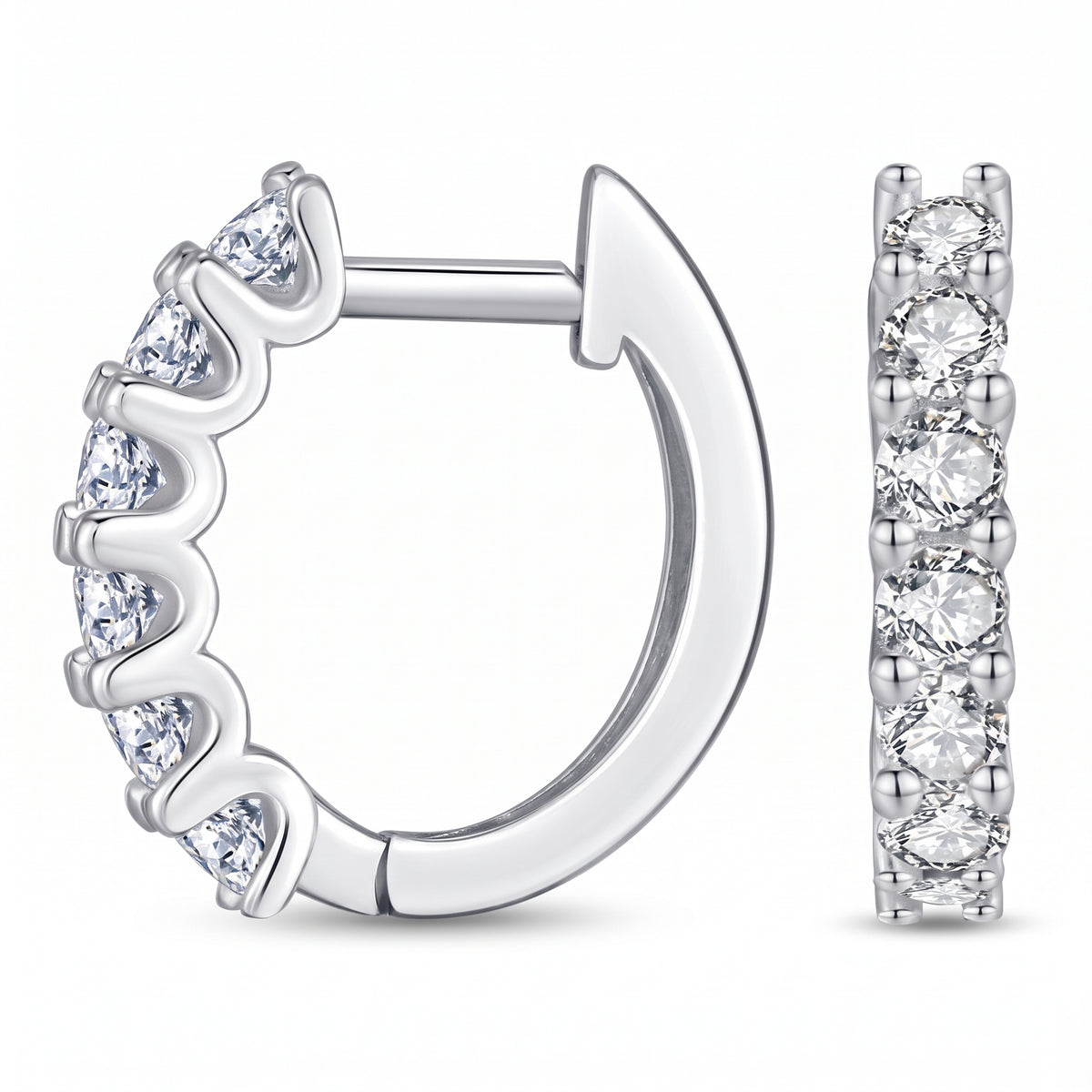Lelice silver crystal huggie hoop earrings Julia on a white background