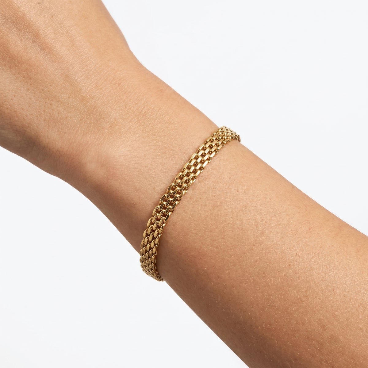 Close-up of the Lelice Armor Gold Bracelet on the wrist
