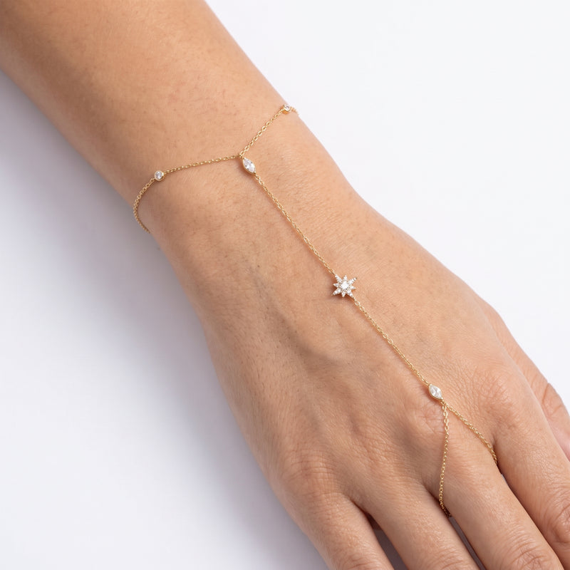 Close-up of the Lelice Orion Starbeam Hand Chain in gold on the wrist and hand
