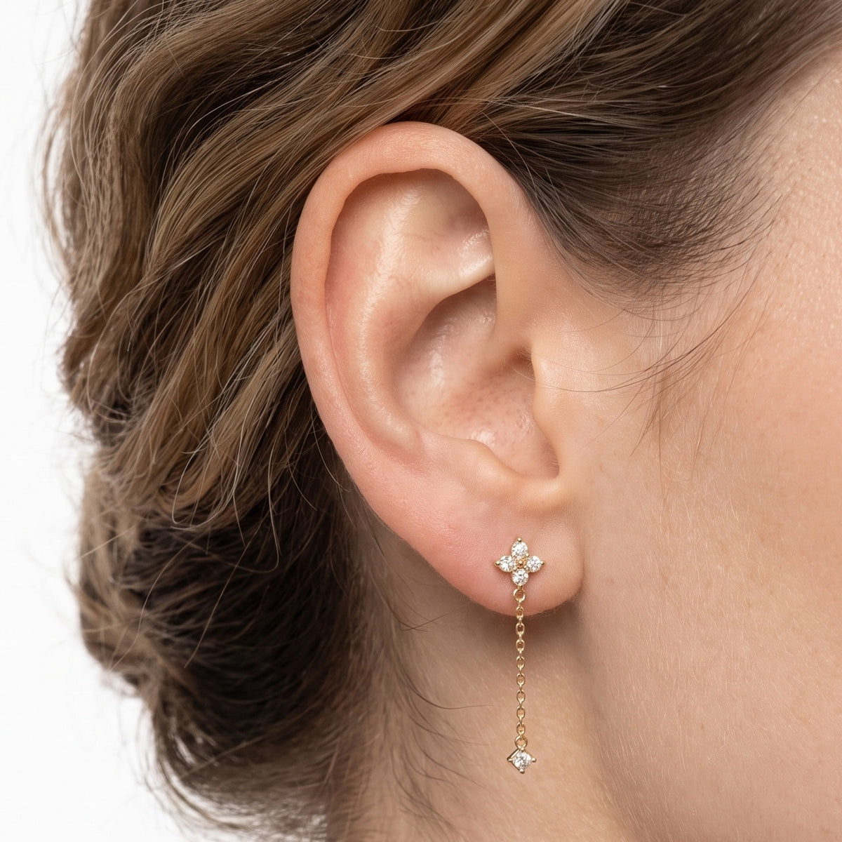 Close-up of the Lelice Noémie Drop Earrings in gold on the ear