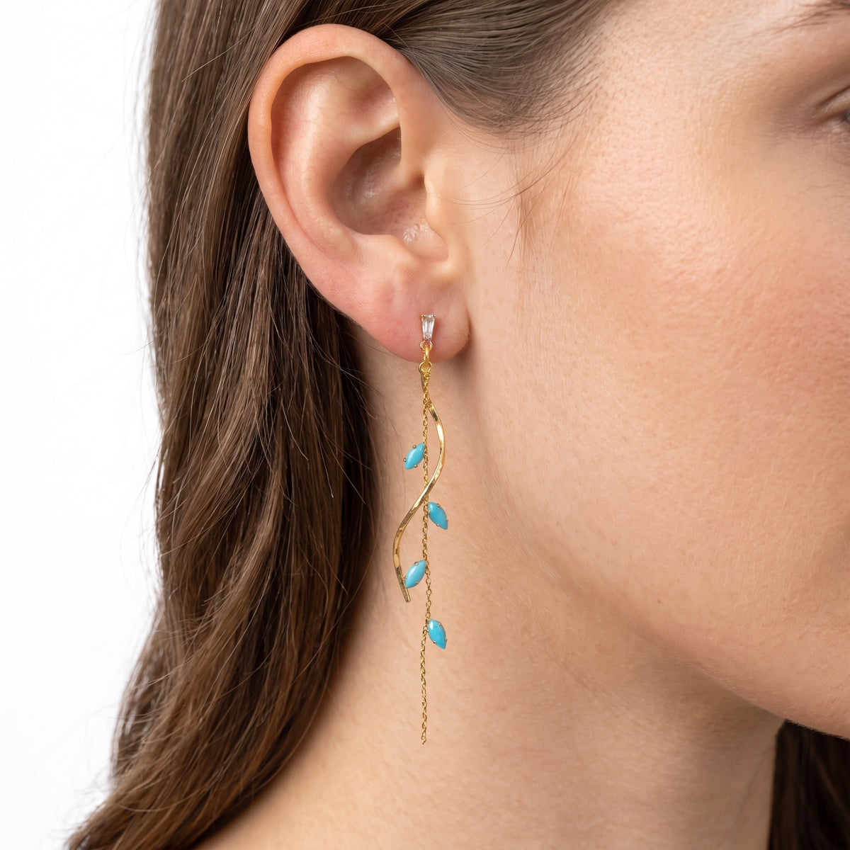 Close-up of the Lelice Santorini Turquoise Drops in gold on the ear