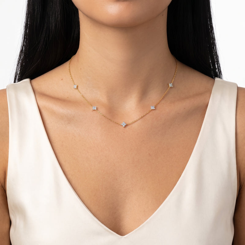 Close-up of the Lelice Sicily Clover Necklace in gold at the collarbone