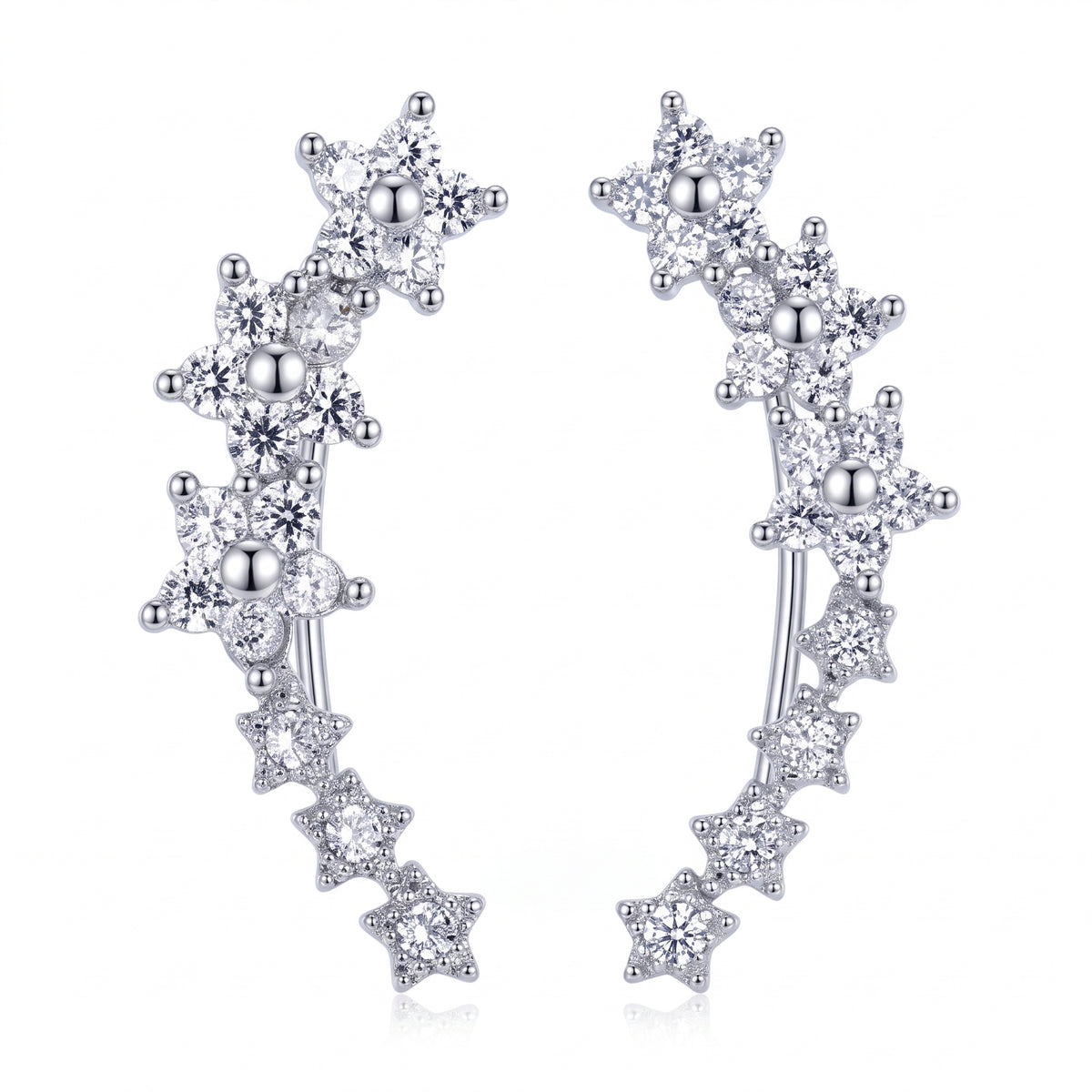 Lelice Stella Silver Flower and Star Crystal Ear Climbers on a white background