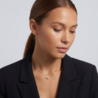 Woman looking down at the Pearl Duet Necklace
