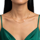 Close-up of the Lelice Stardust Trail Necklace in gold at the collarbone